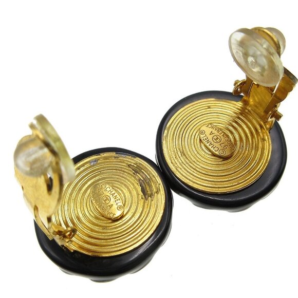Chanel Button Earrings Black Gold Clip-On 97A - Picture 4 of 5